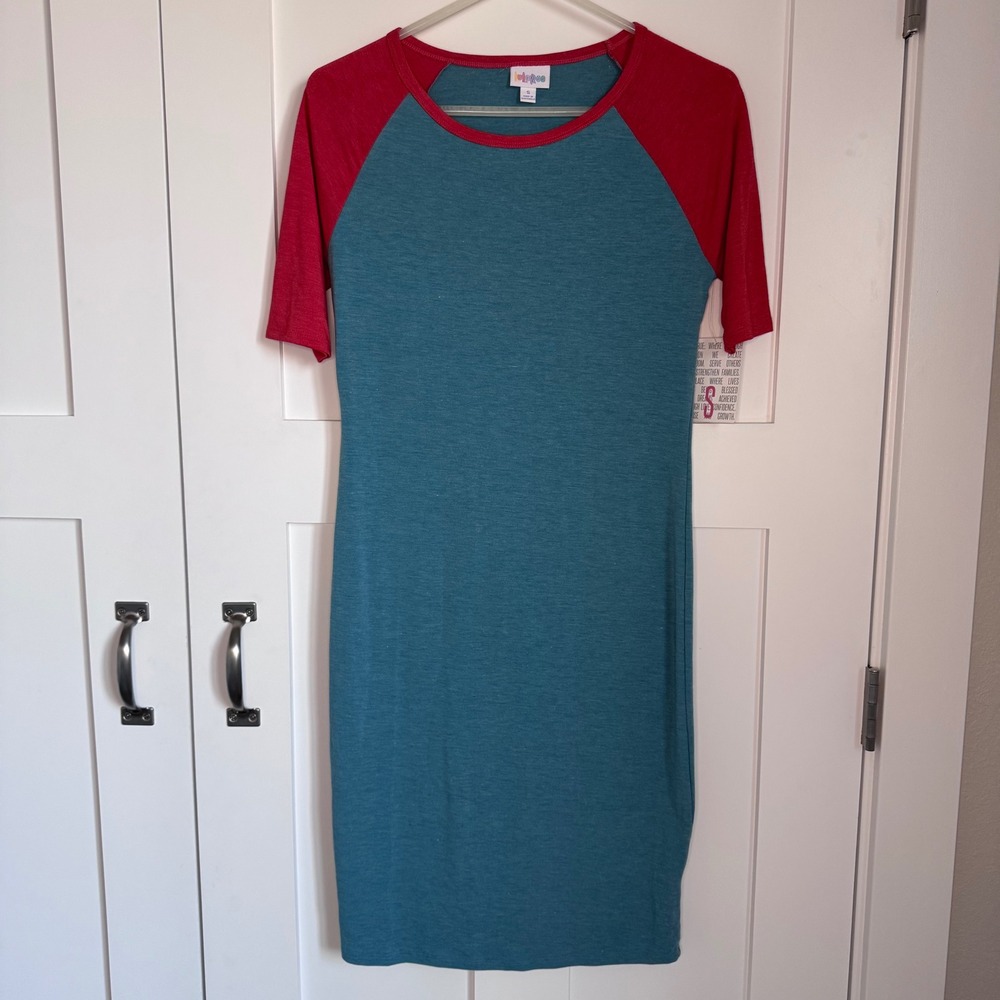 NWT LuLaRoe Julia Shirt Dress Blue Green w/ Red Sleeves Womens Small Pencil New